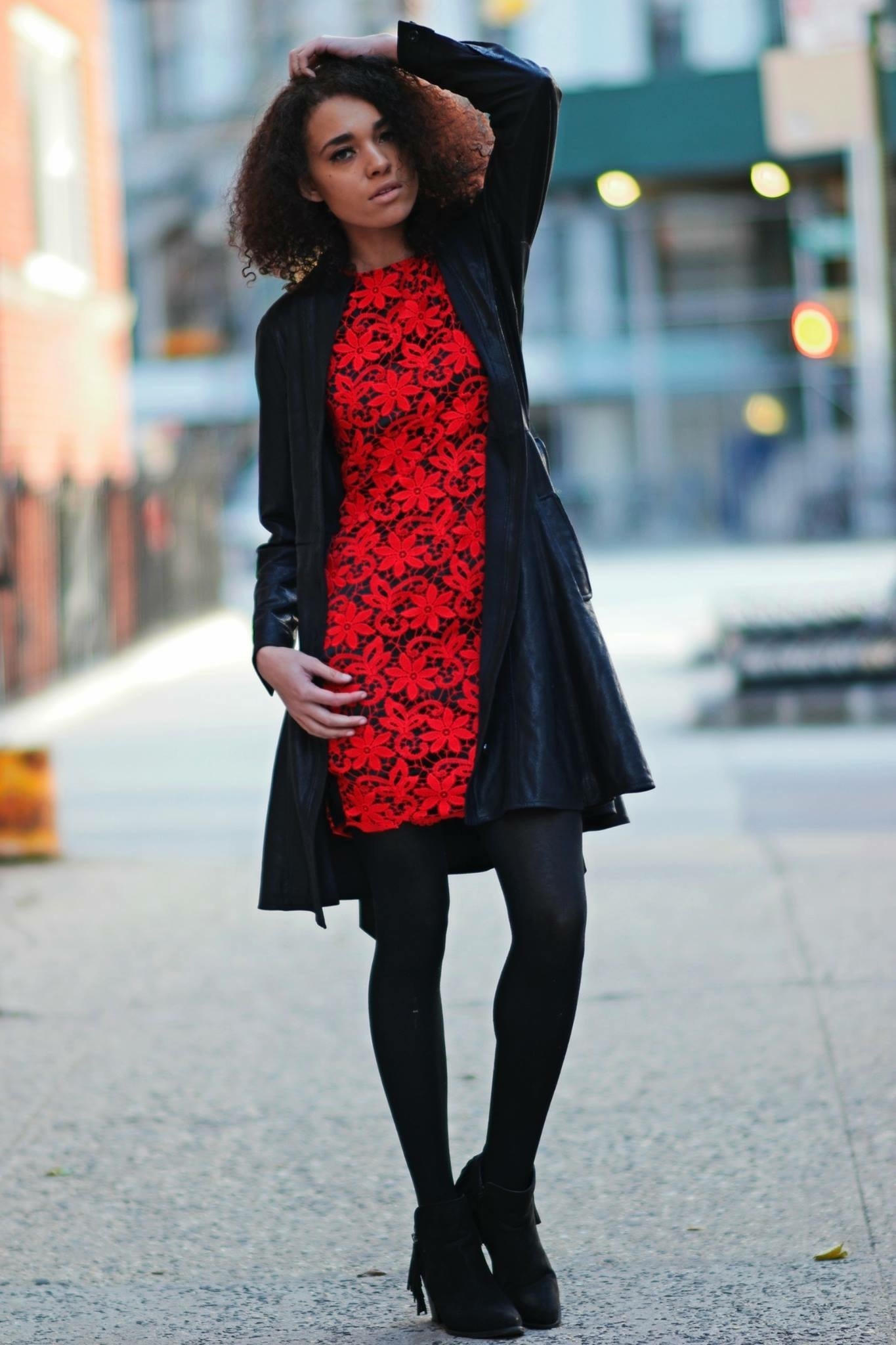 Women's Black Leather Coat, Red Lace Sheath Dress, Black Fringe