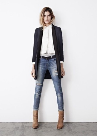 Women's Black Coat, White Dress Shirt, Blue Ripped Skinny Jeans, Tan Suede Ankle Boots