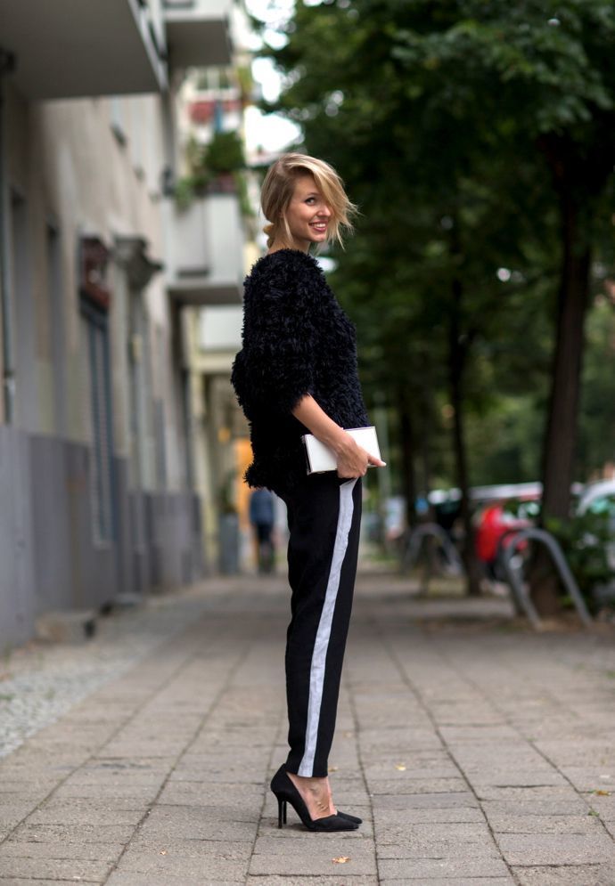 black pants with white stripe outfit