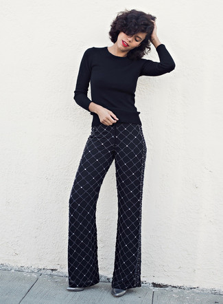Black Wide Leg Pants Outfits: The combo of a black crew-neck sweater and black wide leg pants makes this a solid relaxed ensemble. A pair of silver leather pumps can immediately spruce up any getup.