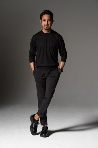 Men's Black Crew-neck Sweater, Black Chinos, Black Chunky Leather Derby Shoes, Black Watch