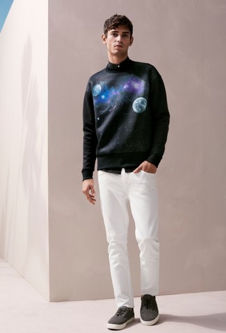Black Print Crew-neck Sweater Outfits For Men: To assemble a relaxed casual outfit with a modern twist, pair a black print crew-neck sweater with white chinos. This outfit is complemented nicely with a pair of charcoal suede plimsolls.