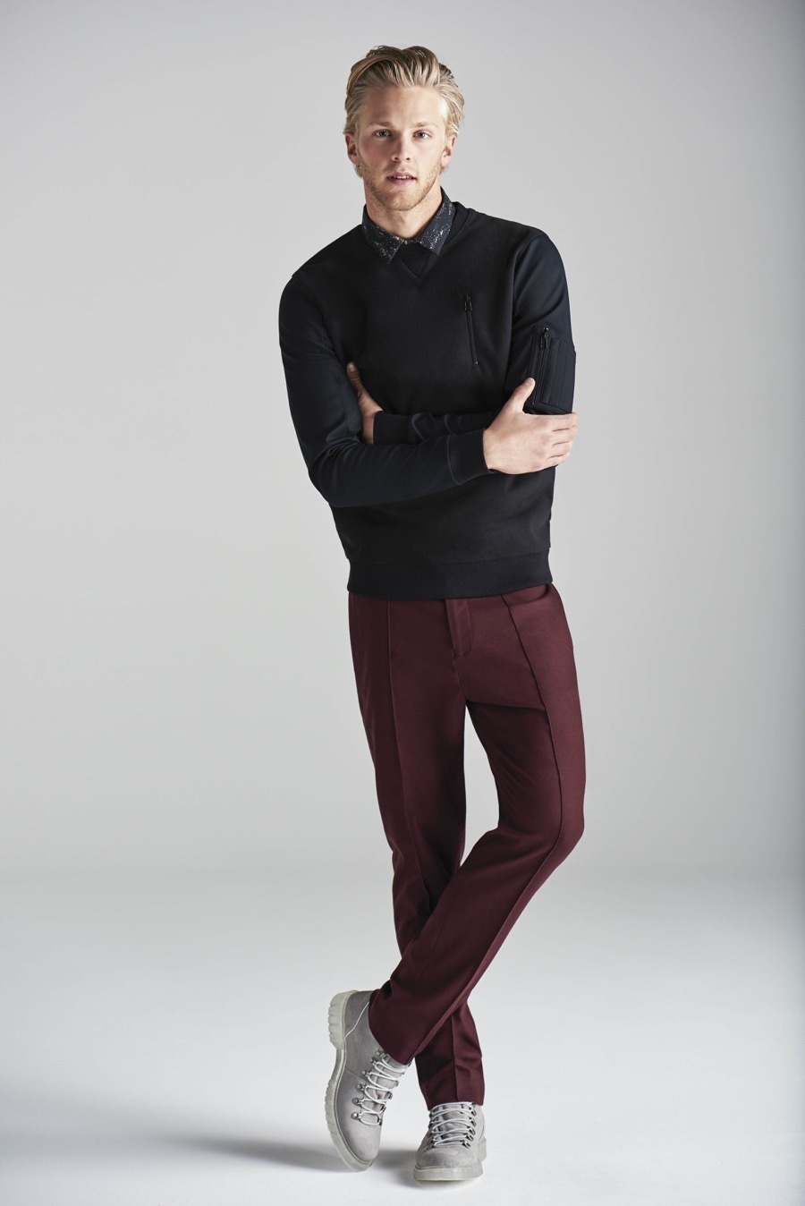 Stylish Outfit for Men: Maroon Pants with a Blue Shirt
