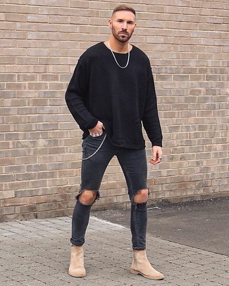 Black Crew-neck Sweater Outfits For Men: For an ensemble that's pared-down but can be manipulated in a myriad of different ways, consider teaming a black crew-neck sweater with black ripped skinny jeans. Go the extra mile and break up your ensemble by rocking a pair of beige suede chelsea boots.