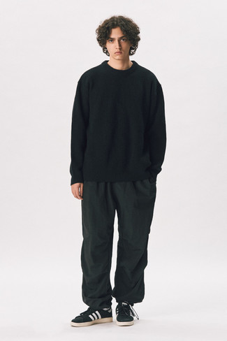 Men's Black Crew-neck Sweater, Black Sweatpants, Black and White Suede Low Top Sneakers, White Socks