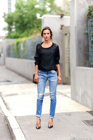 Women's Black Lace Crew-neck Sweater, Blue Ripped Skinny Jeans, Black Leather Pumps, Black Leather Crossbody Bag