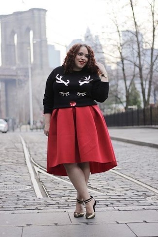Red Full Skirt Outfits: A black christmas sequin crew-neck sweater looks especially nice when matched with a red full skirt in a relaxed casual look. On the fence about how to round off? Introduce gold leather pumps to this ensemble to step up the style factor.