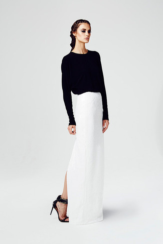 Women's Black Crew-neck Sweater, White Lace Maxi Skirt, Black Leather Heeled Sandals