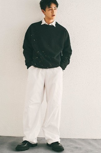 Men's Black Crew-neck Sweater, White Long Sleeve Shirt, White Chinos, Black Chunky Leather Derby Shoes