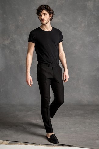 Men's Black Crew-neck T-shirt, Black Chinos, Black Leather Loafers