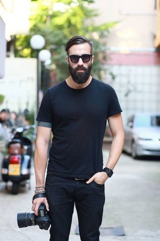 Men's Black Crew-neck T-shirt, Black Jeans, Dark Brown Sunglasses