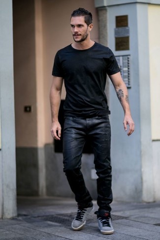 Black Leather Jeans Outfits For Men: A black crew-neck t-shirt and black leather jeans are essential in any gent's versatile casual arsenal. To add a more casual feel to your ensemble, introduce a pair of grey high top sneakers to this outfit.