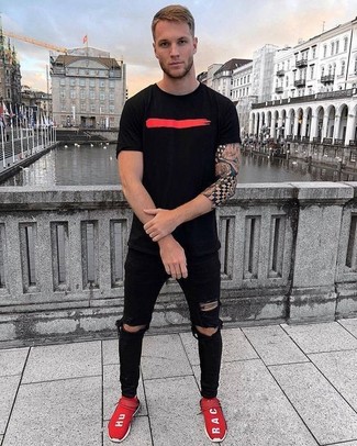 all black with red shoes