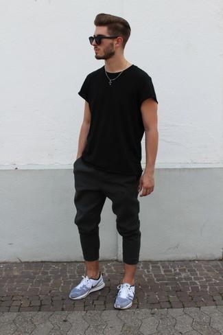 Charcoal Chinos Outfits: You'll be surprised at how extremely easy it is for any gentleman to get dressed this way. Just a black crew-neck t-shirt and charcoal chinos. Why not add a pair of grey athletic shoes to your ensemble for a laid-back feel?