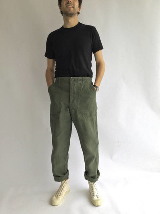 Brand Drop Crotch Joggers In Linen With Cargo Pockets In Khaki