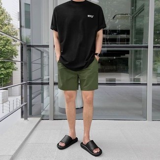 Black Rubber Watch Outfits For Men: A black crew-neck t-shirt and a black rubber watch are your go-to ensemble for lazy days. Feeling brave today? Change things up a bit with black leather sandals.