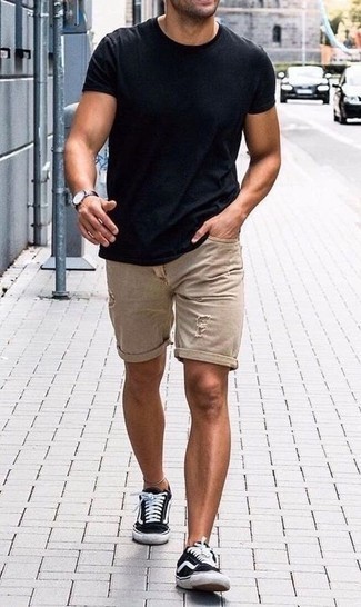 Men's Black Crew-neck T-shirt, Tan Ripped Denim Shorts, Black and White Canvas Low Top Sneakers, Dark Brown Leather Watch