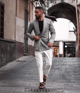 White and Black Houndstooth Blazer Outfits For Men In Their 20s: 