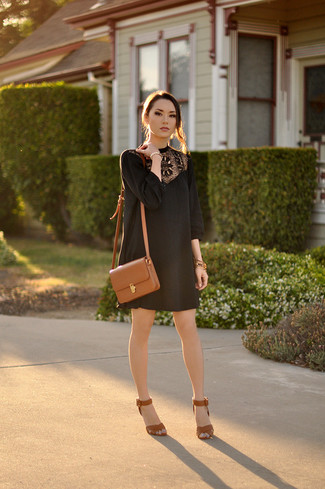 Women's Black Crochet Shift Dress, Tan Leather Heeled Sandals, Tan Leather Crossbody Bag