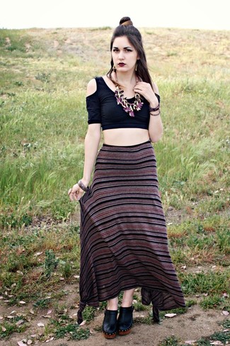 Women's Black Cropped Top, Black Horizontal Striped Maxi Skirt, Black Chunky Leather Mules, Purple Necklace