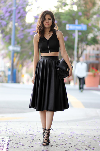 Women's Black Cropped Top, Black Pleated Leather Midi Skirt, Black Leather Gladiator Sandals, Black Leather Clutch