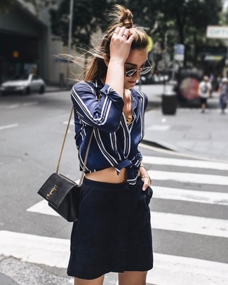 Women's Black and Gold Sunglasses, Black Leather Crossbody Bag, Navy Suede Mini Skirt, Navy and White Vertical Striped Silk Dress Shirt