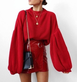 Red Leather Mini Skirt Outfits: 