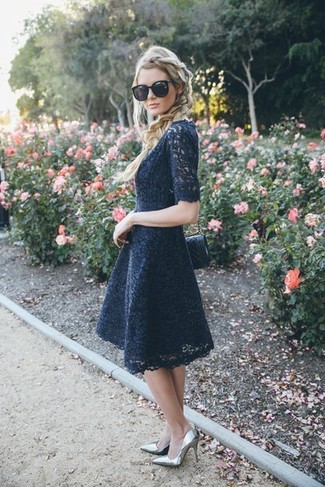 Women's Black Sunglasses, Black Quilted Leather Crossbody Bag, Silver Leather Pumps, Black Lace Fit and Flare Dress