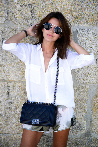 Women's Black Sunglasses, Black Quilted Leather Crossbody Bag, White Floral Silk Shorts, White Button Down Blouse