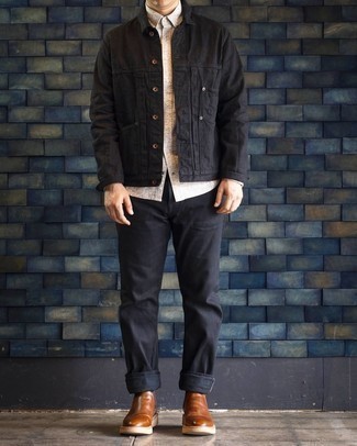 Black Jeans with Denim Jacket Outfits For Men: Display your chops in men's fashion by combining a denim jacket and black jeans for a laid-back look. Brown leather chelsea boots will put an elegant spin on an otherwise all-too-common outfit.