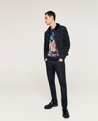 Black Jeans Outfits For Men: To put together a laid-back getup with a contemporary spin, reach for a black denim jacket and black jeans. Round off with a pair of black leather derby shoes to transform your ensemble.