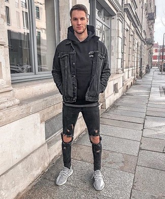 Black Jeans with Denim Jacket Outfits For Men: Pair a denim jacket with black jeans if you're in search of a look option that conveys relaxed style. Grey athletic shoes are a fail-safe way to give a sense of stylish nonchalance to your getup.