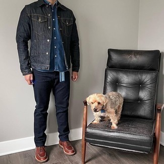 Black Denim Jacket Outfits For Men: This look with a black denim jacket and navy jeans isn't super hard to pull off and is easy to adapt. If you wish to effortlessly up the ante of this outfit with one item, add brown leather derby shoes to the mix.
