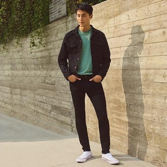 Black Jeans with Denim Jacket Outfits For Men: For a look that brings function and fashion, consider pairing a denim jacket with black jeans. Introduce a more relaxed finish to by sporting a pair of white canvas high top sneakers.