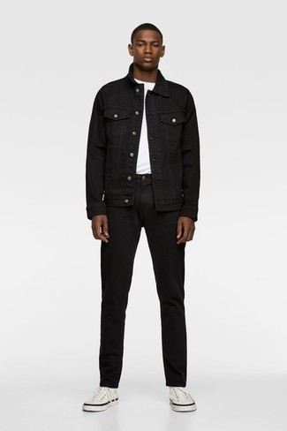 Denim Jacket In Washed Black With Check Patches