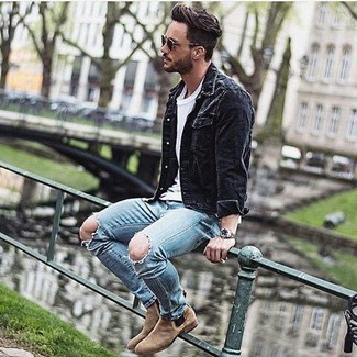 Light Blue Ripped Skinny Jeans Outfits For Men: Why not opt for a black denim jacket and light blue ripped skinny jeans? As well as totally practical, these items look great when worn together. On the shoe front, go for something on the more elegant end of the spectrum by wearing tan suede chelsea boots.
