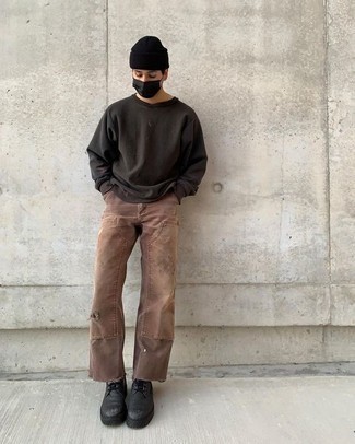 Dark Brown Sweatshirt Outfits For Men: 