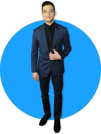 Rami Malek wearing Black Tie, Black Suede Derby Shoes, Navy Dress Shirt, Navy Suit