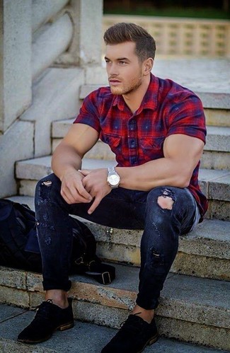 Men's Silver Watch, Black Suede Derby Shoes, Navy Ripped Skinny Jeans, Red and Navy Plaid Short Sleeve Shirt