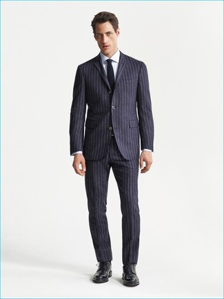 Black Vertical Striped Wool Suit Outfits: 
