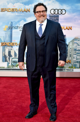 Jon Favreau wearing Light Blue Tie, Black Leather Derby Shoes, White Dress Shirt, Navy Three Piece Suit