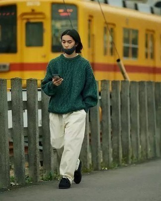 Dark Green Cable Sweater Outfits For Men: 