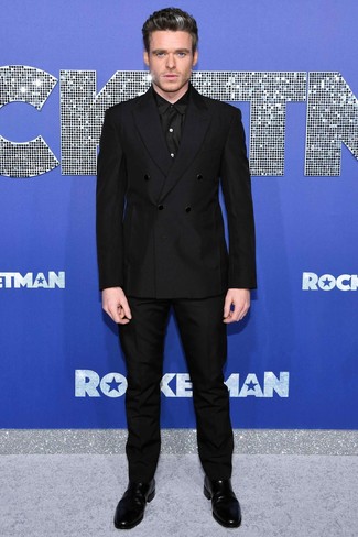 Richard Madden wearing Black Double Breasted Blazer, Black Dress Shirt, Black Dress Pants, Black Leather Chelsea Boots