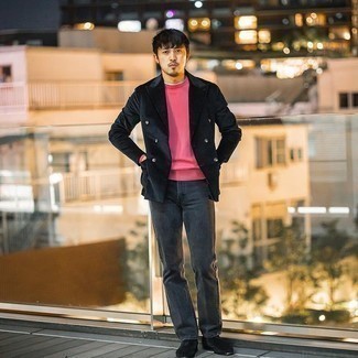 Hot Pink Crew-neck Sweater Outfits For Men: For a casual and cool look, reach for a hot pink crew-neck sweater and charcoal jeans — these items go really well together. Why not take a more polished approach with footwear and introduce black suede chelsea boots to the mix?