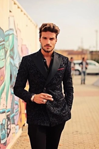 Black Brocade Double Breasted Blazer Outfits For Men: 