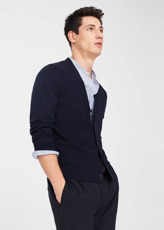 Light Blue Vertical Striped Long Sleeve Shirt Outfits For Men: 