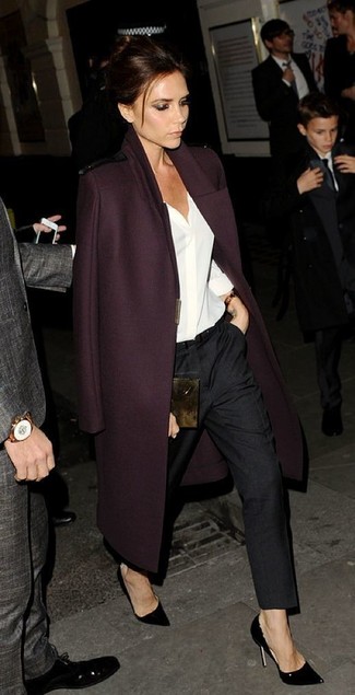 Victoria Beckham wearing Black Leather Pumps, Black Dress Pants, White Button Down Blouse, Burgundy Coat