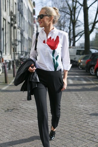 White Print Dress Shirt Outfits For Women: 