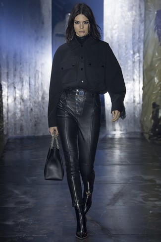 Women's Black Flannel Dress Shirt, Black Leather Skinny Pants, Black Leather Knee High Boots, Black Leather Tote Bag