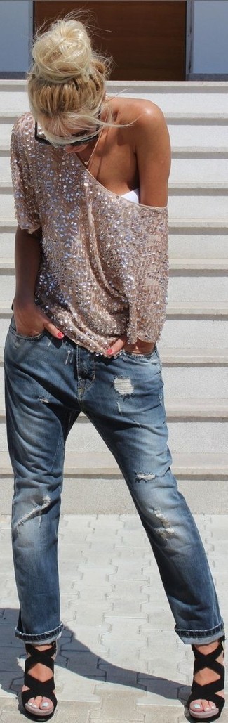 Gold Sequin Short Sleeve Blouse Outfits: 